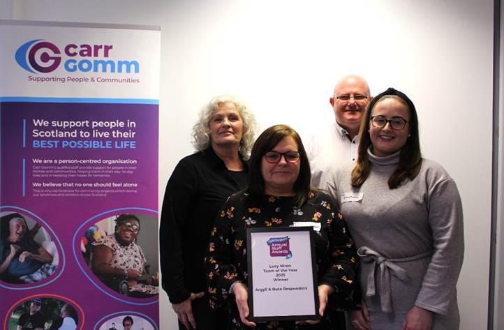 Part of Carr Gomm’s team receiving the ‘Team of the Year Award’ at the organisation’s ‘Time to Shine Awards’. This award was presented in recognition of their exceptional work during and in the aftermath of Storm Éowyn.